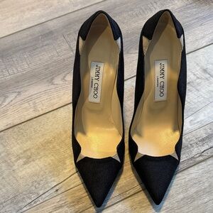 Jimmy Choo Black Pointed-Toe Fabric Pumps. 3 inch heel.